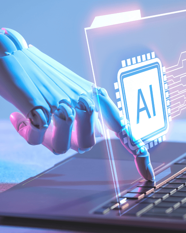 AI robotic hand pressing a digital processor interface