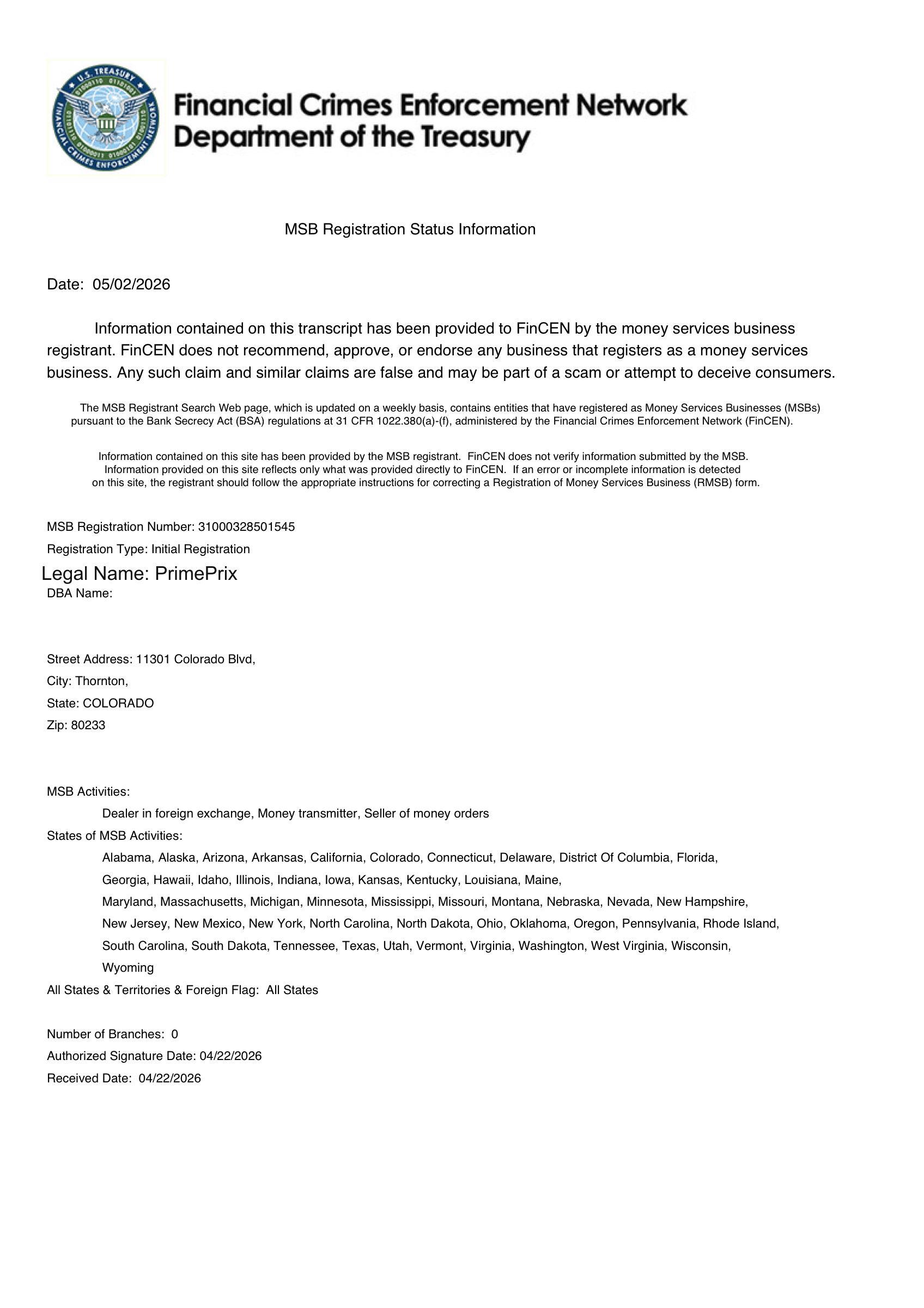 FinCEN MSB Registration Record document preview