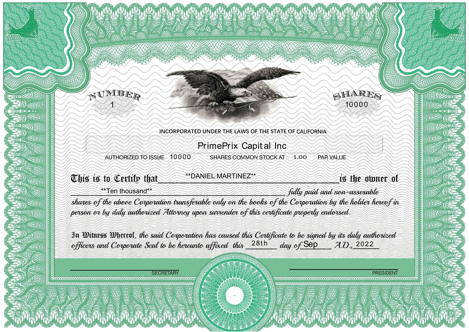Corporate Stock Certificate document preview